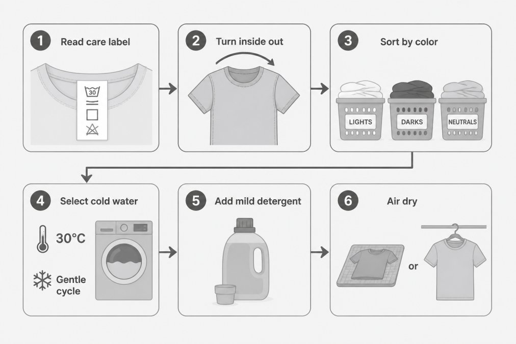 A six-step flowchart for washing organic cotton: Step 1 Read care label, Step 2 Turn inside out, Step 3 Sort by color, Step 4 Select cold water at 30°C and gentle cycle, Step 5 Add mild detergent, Step 6 Air dry flat or hang