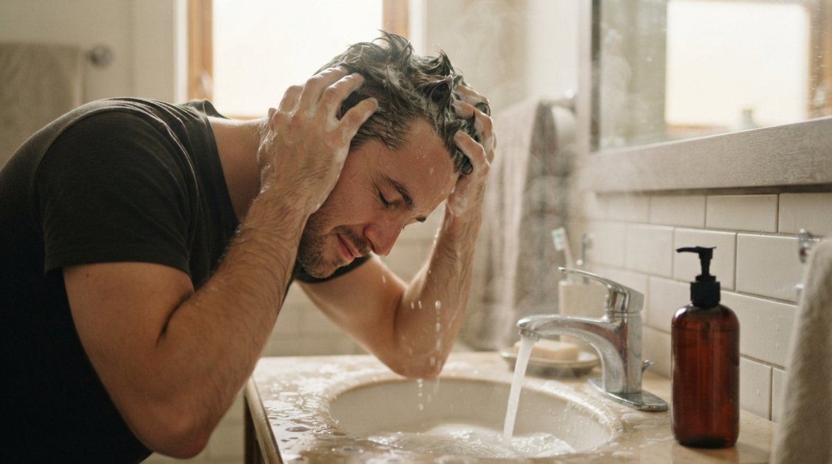 A man in his late 20s standing at a bathroom sink, lathering shampoo through short dark hair, water running, steam rising, natural bathroom lighting, leaning forward with eyes closed in a relaxed expression