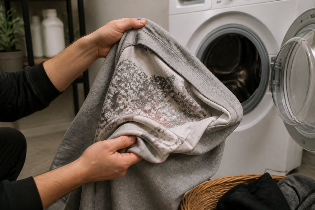 Close-up of hands turning an oversized hoodie inside out before placing it in a washing machine, with the graphic print visible on the reverse side of the fabric