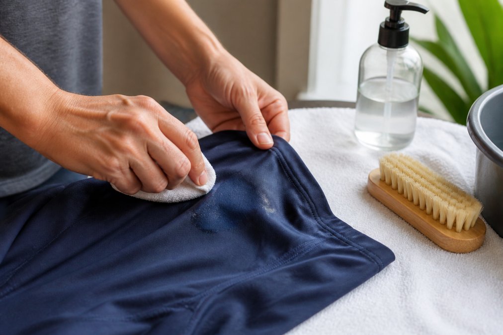 Hands applying mild cleaning solution to a visible water-based stain on performance fabric with a soft bristle brush nearby on a white towel, demonstrating proper spot-cleaning technique