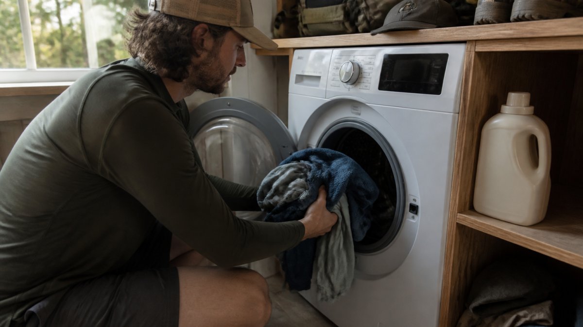 A person in outdoor clothing loading a front-loading washing machine with a pile of moisture-wicking shirts and activewear, laundry detergent bottle visible on a shelf nearby, natural light coming through a window