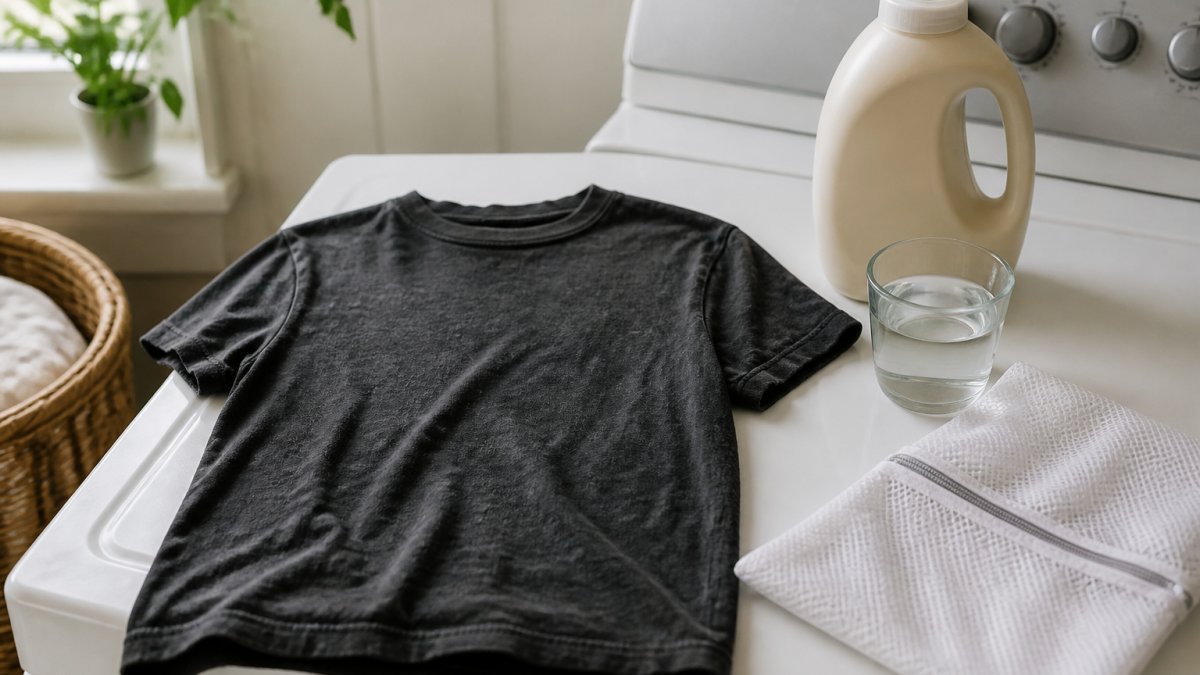 A graphic tee turned inside out beside mild detergent and a mesh laundry bag on a washing machine