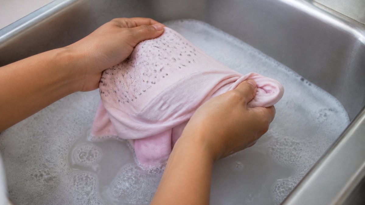 Close-up of hands gently turning a rhinestone-embellished tee inside out over a sink filled with cool water and mild soap, showing proper washing technique