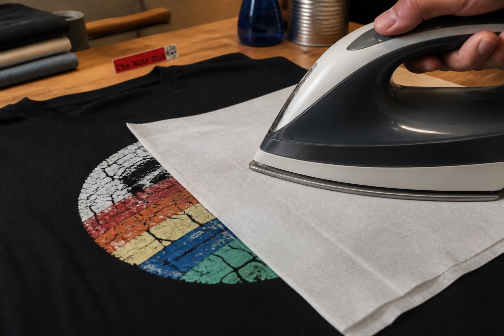Close-up of a screen printed graphic tee laid flat on a wooden ironing board, a thin white cotton pressing cloth draped over the cracked print area, with a household iron hovering just above the cloth under warm indoor lighting