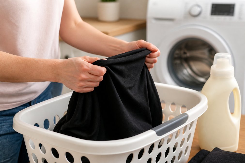 Close-up of hands turning a graphic t-shirt inside out over a laundry basket, with a bottle of mild detergent and a washing machine visible in the soft background lighting