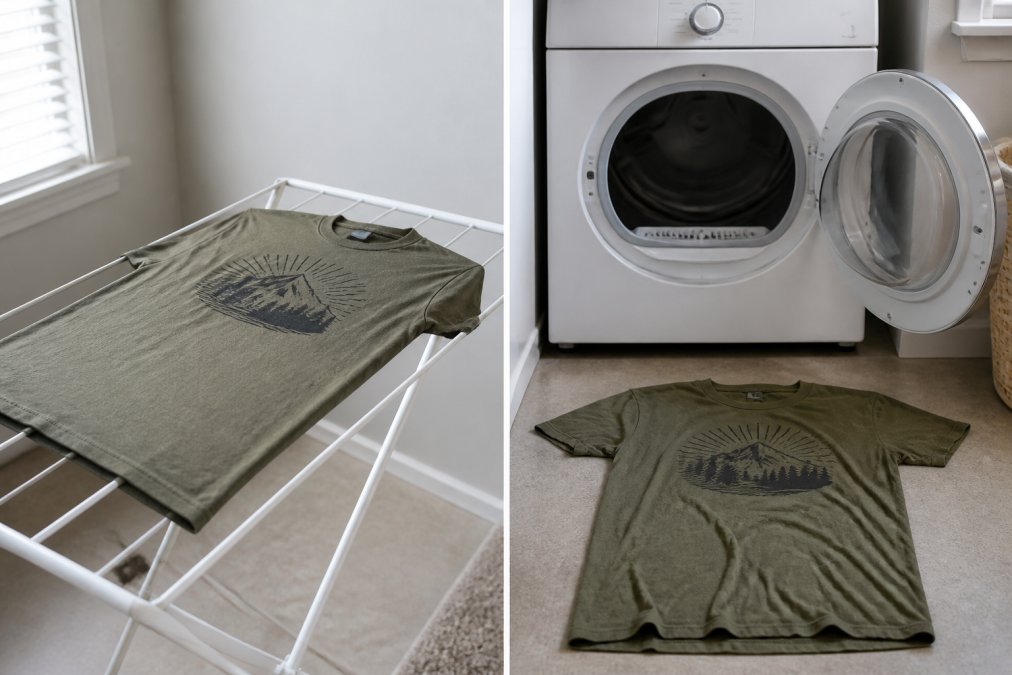 A brightly lit laundry room with a screen printed graphic tee laid flat on a clean white drying rack, positioned away from a sunny window, with a clothes dryer visible in the background with its door open