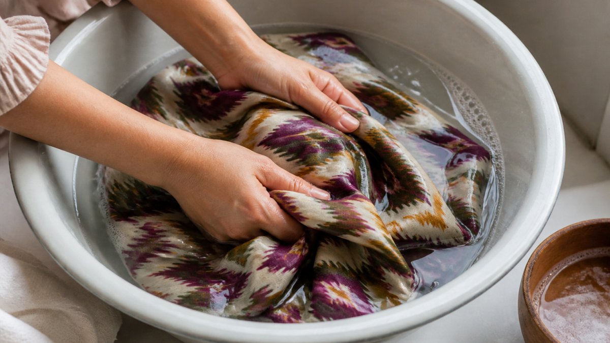 Hands gently swishing a delicate ikat silk garment in a basin of cool water with mild detergent, showing careful handling technique with soft lighting