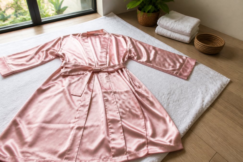 A luxurious silk robe laid flat on a clean white towel in soft natural indirect light near a window, demonstrating proper air-dry positioning with perfect fabric arrangement