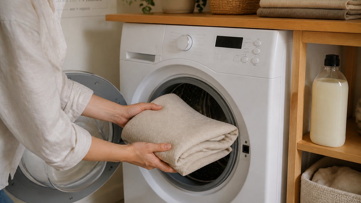 A person's hands gently placing a folded piece of natural linen fabric into a washing machine drum, with a bottle of mild detergent visible on a nearby shelf in a bright laundry room