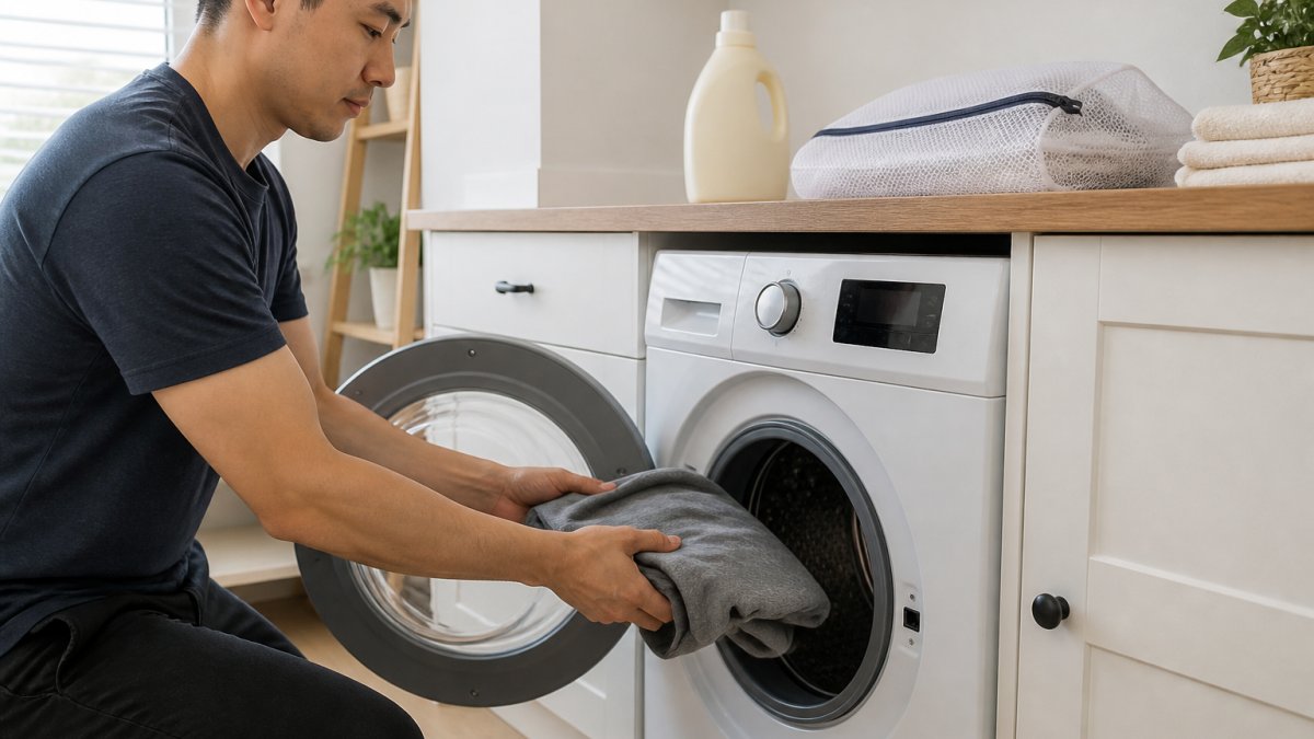 A person carefully placing a folded technical t-shirt into a front-loading washing machine in a bright, tidy laundry room, with a bottle of mild detergent and a mesh laundry bag on the counter nearby