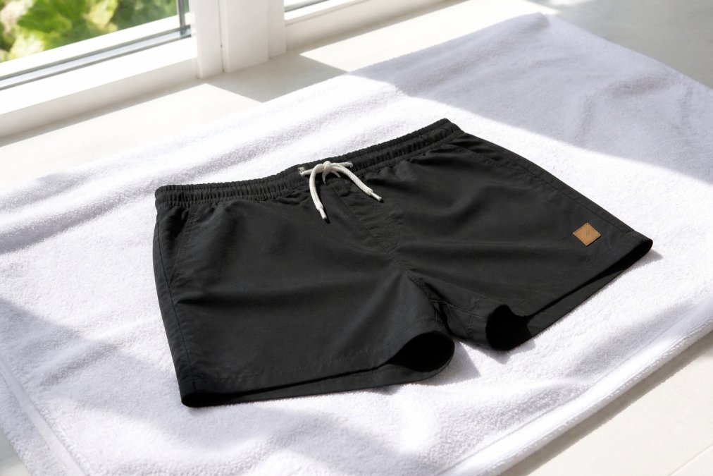 Swimwear laid flat on a clean white towel in a bright, well-ventilated indoor space with natural light from a nearby window, showing proper air-drying position