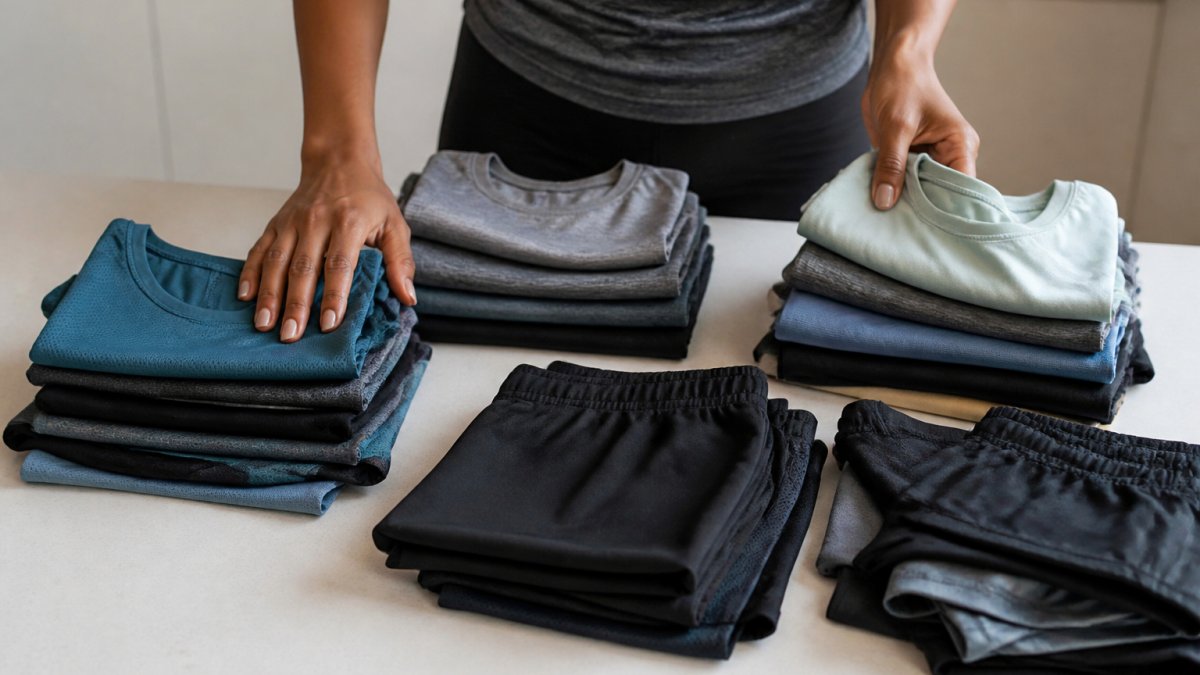 Hands sorting folded athletic clothes by color and fabric type on a clean surface, with moisture-wicking tops and running shorts visible