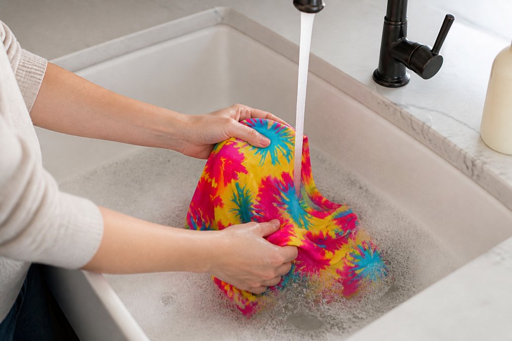 Parent carefully washing a brightly colored child's rash guard in a sink with cold water, showing gentle hand-washing technique with mild detergent and soft hands
