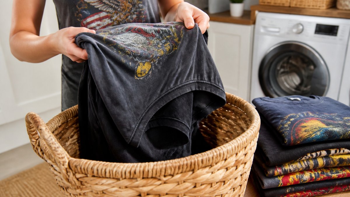 Close-up of hands turning a vintage-style graphic tee inside out over a laundry basket, with a washing machine and folded tees visible in a bright home laundry room