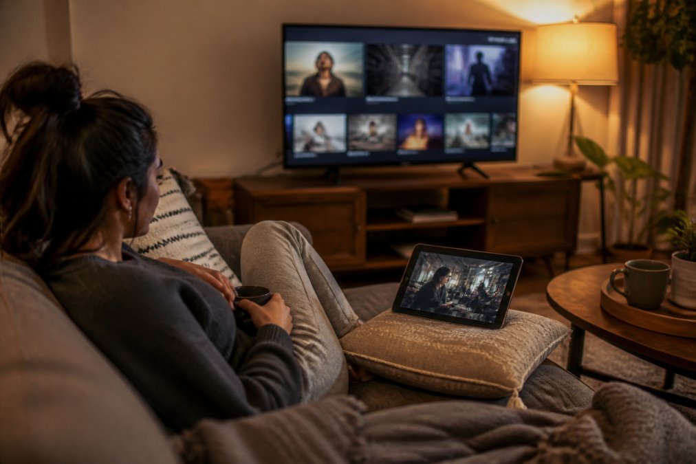 Diagram showing the setup process for watching festival films online using a tablet and smart TV in a cozy room.