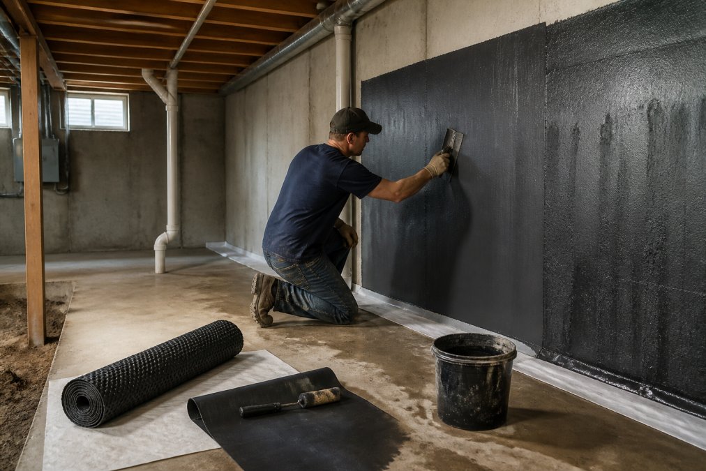 Contractor applying a waterproofing membrane to a basement foundation wall to learn how to waterproof a basement before