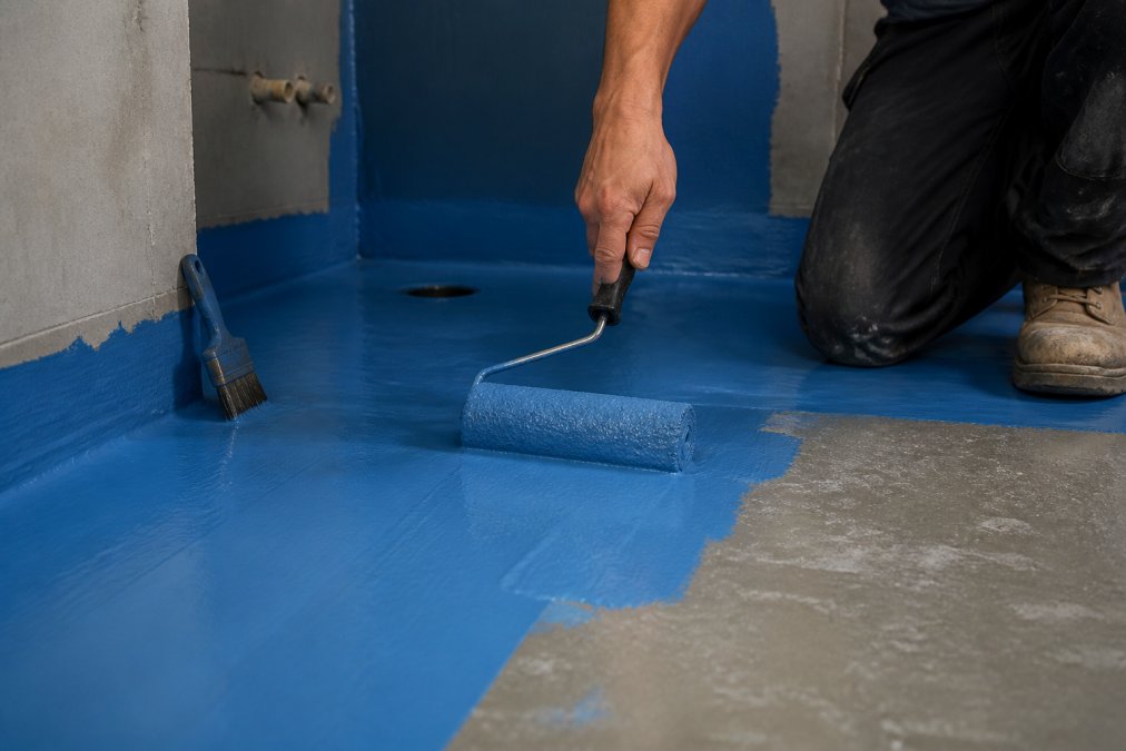 Applying blue liquid membrane with a roller to seal a waterproof bathroom floor surface