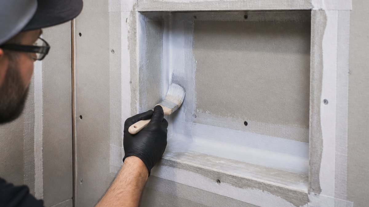 Professional demonstrating how to apply waterproof membrane to an inside corner of a shower niche with a brush, showing corner strips and reinforcing tape being installed
