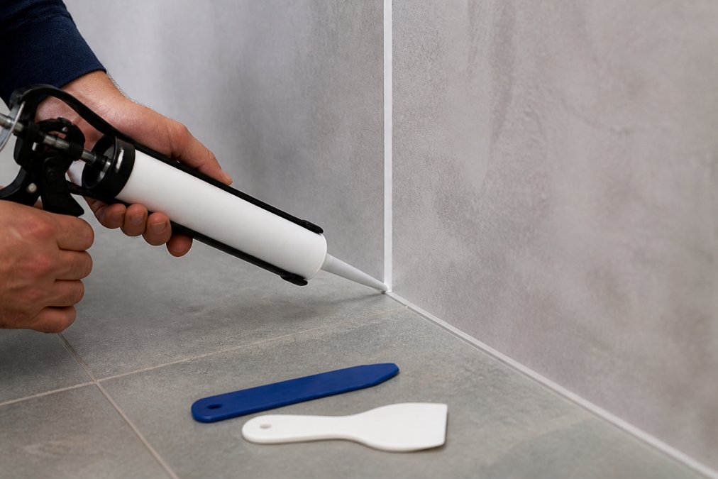 Close-up of hands applying a continuous bead of white silicone sealant along the vertical seam between two bathroom wall panels using a sealant gun, with a caulking tool and smoothing spatula resting nearby on a tiled floor
