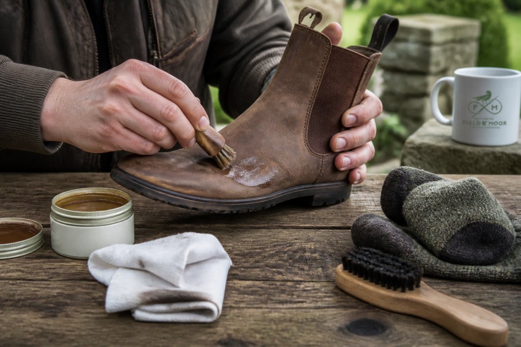 Close-up of hands applying wax waterproofing treatment to a tan leather country boot with a small brush, outdoor setting with natural light