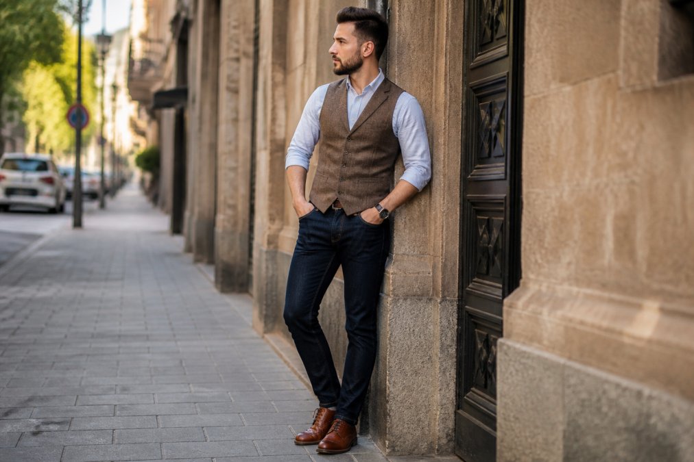 A man wearing a tailored waistcoat over a button-up shirt with dark indigo jeans and brown brogues, standing on a city street in soft afternoon light