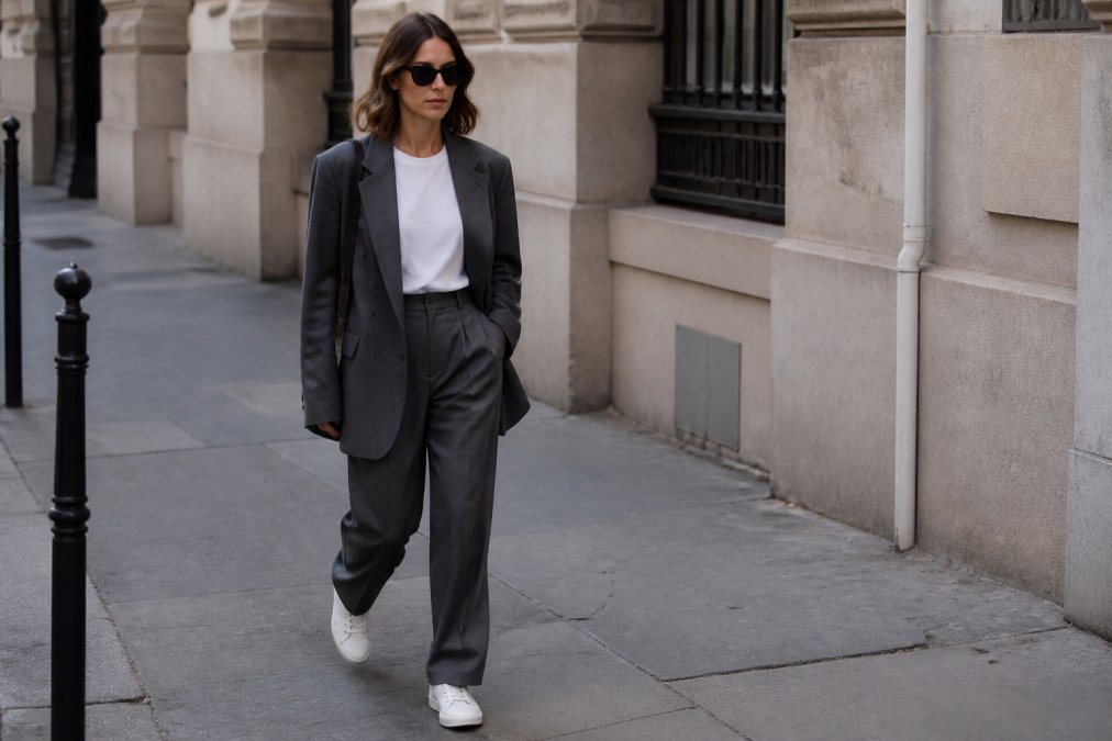 A woman in her 30s wearing an oversized structured blazer over a minimalist white top, paired with tailored trousers and clean white sneakers, walking on a city sidewalk with a confident stride