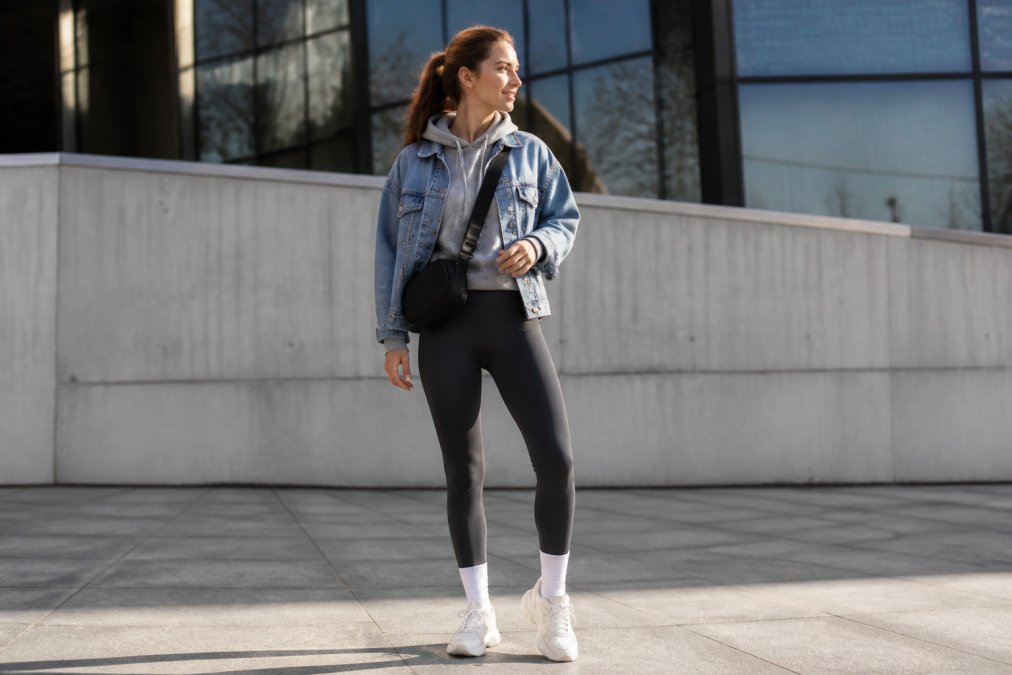Woman wearing layered athleisure outfit with fitted leggings, structured denim jacket, and crossbody bag, standing in natural light to show how layers create a polished silhouette