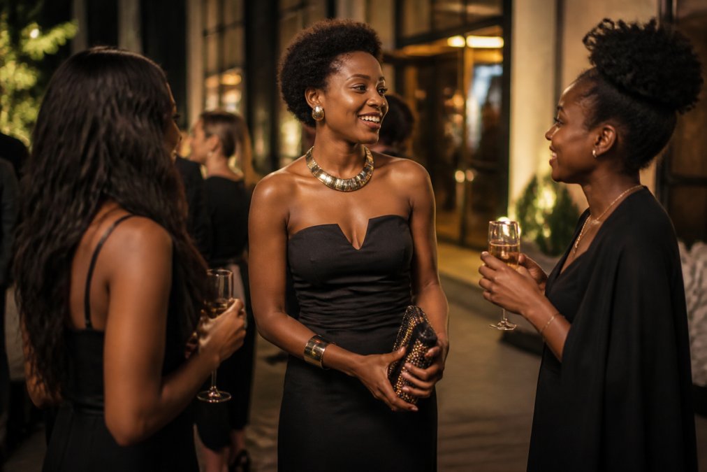 Woman wearing an elegant black dress with statement metallic jewelry, a beaded clutch, and heeled shoes, posed at an evening event with soft lighting highlighting the accessories and fabric texture