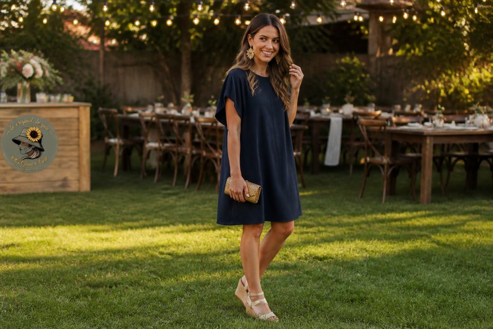 Woman wearing a navy shift dress with wedges and gold earrings at a casual backyard wedding with string lights.