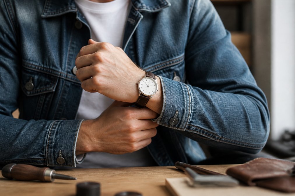 Close-up of a man's wrist wearing a minimalist dress watch with a leather strap, paired with a casual denim jacket and white t-shirt, natural daylight