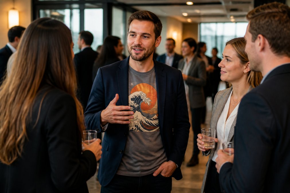 A young professional wearing a bold graphic tee layered under a structured blazer, talking with a small group at an indoor networking mixer