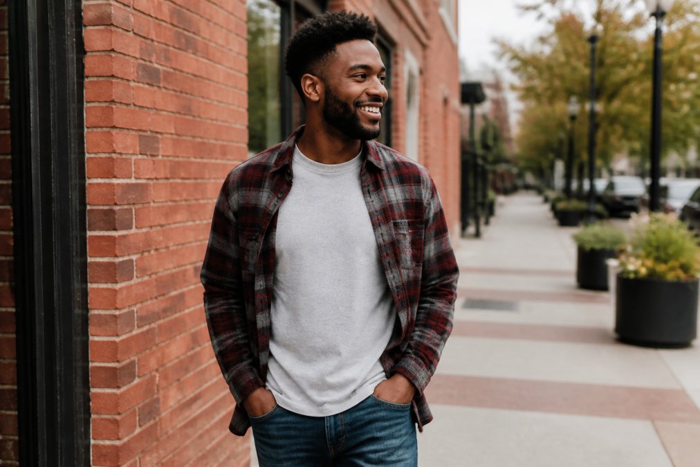A young adult wearing a faith-based graphic tee layered under an open flannel shirt, paired with jeans, standing in a casual urban setting with a relaxed, confident posture