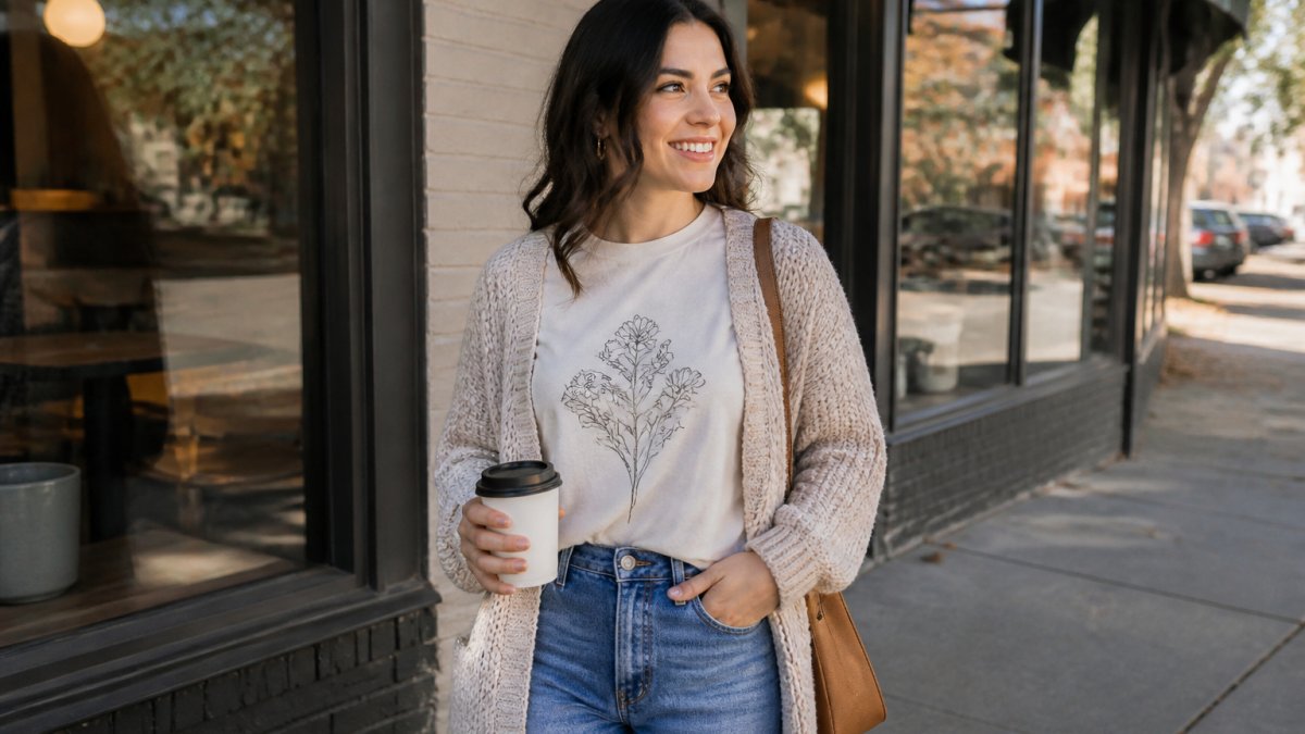 Person wearing a scripture-focused graphic tee layered with a neutral cardigan and fitted jeans, standing in natural daylight near a coffee shop window