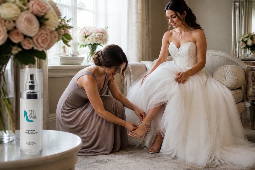 A bride in a white gown sitting elegantly while a bridesmaid helps her slip on a strappy high heel shoe in a softly lit bridal suite, floral arrangements visible in the background