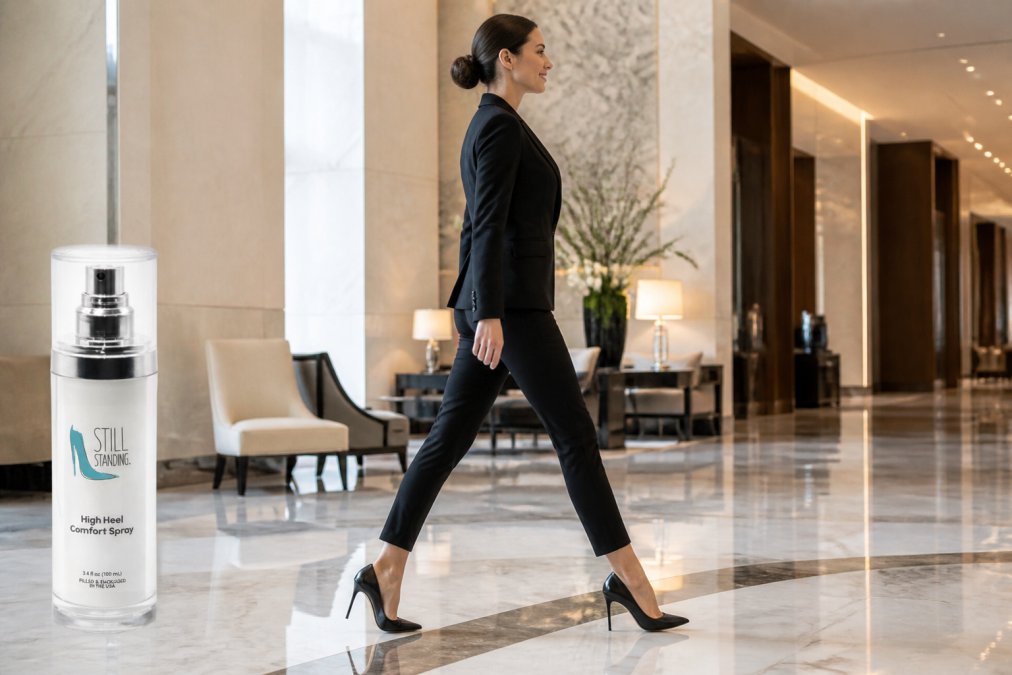 Elegant woman walking confidently in stiletto heels on a smooth marble floor, shot from the side to show upright posture and heel-to-toe stride