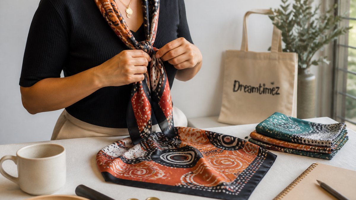 Close-up of hands folding and tying a square silk scarf with a bold Indigenous art print into a neck knot, soft natural light, neutral background
