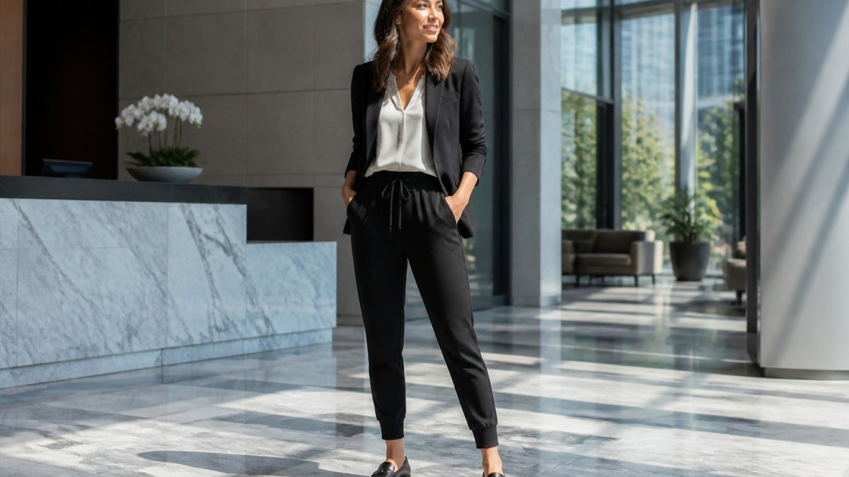 Professional woman wearing tailored joggers with a structured blazer and loafers, standing confidently in a modern office lobby with natural light from windows, polished posture and composed expression