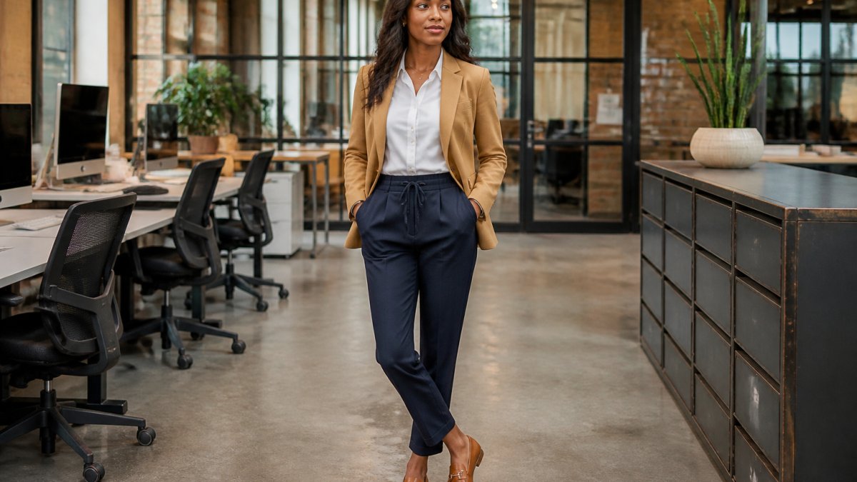 Professional woman in a camel blazer and navy joggers standing in a modern office, wearing a white shirt and loafers.