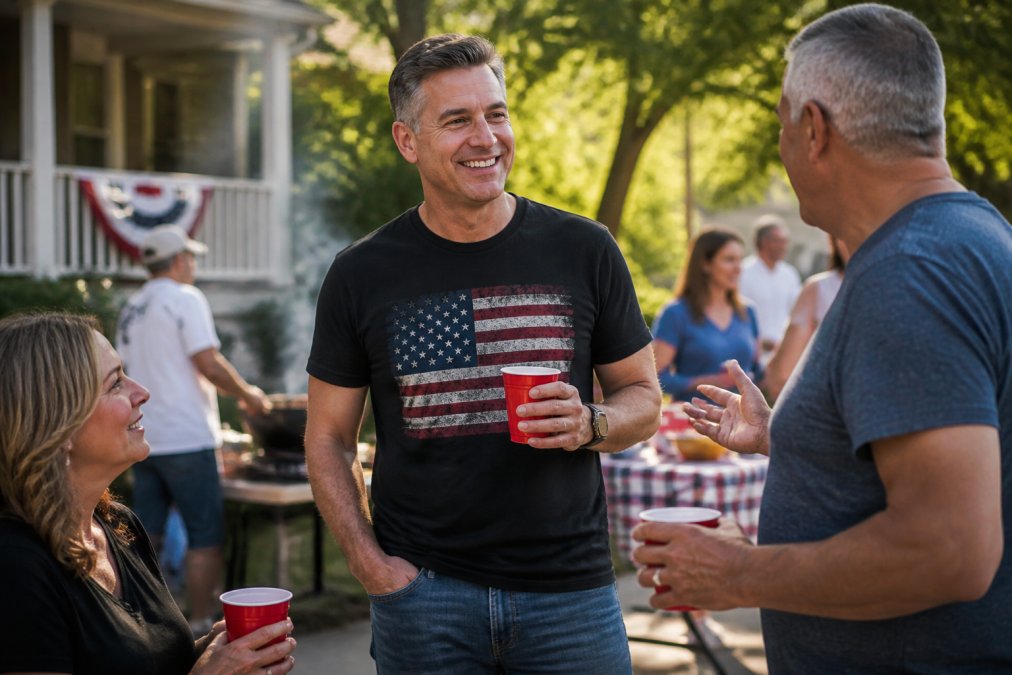 Professional adult wearing a bold patriotic graphic t-shirt in a casual community setting, demonstrating confident self-expression while maintaining approachable demeanor with neighbors