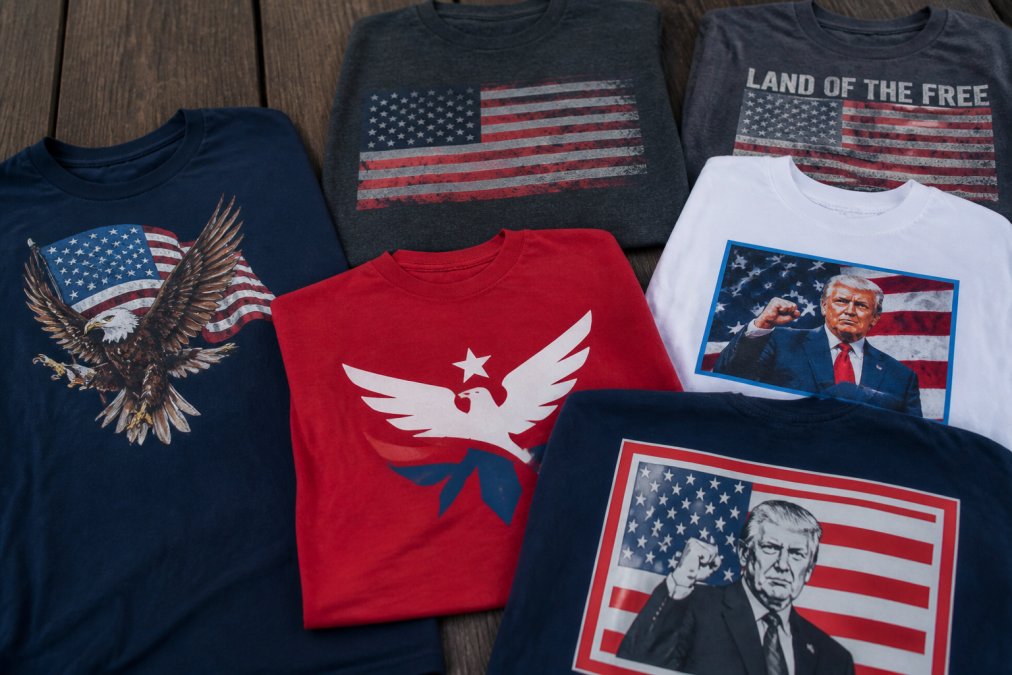Close-up comparison of different patriotic and political t-shirt graphics showing the visual distinction between historic American symbols, abstract patriotic slogans, and explicit candidate names with campaign imagery