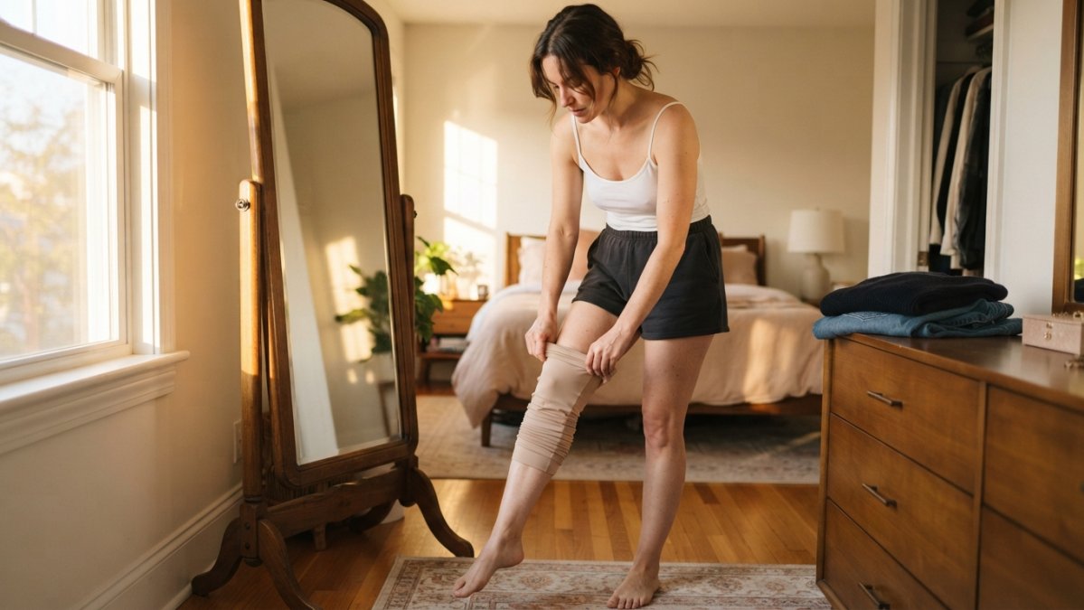 A woman in a bright bedroom carefully rolling a high-waisted seamless shapewear brief up her legs, with a mirror and folded clothes nearby, natural light
