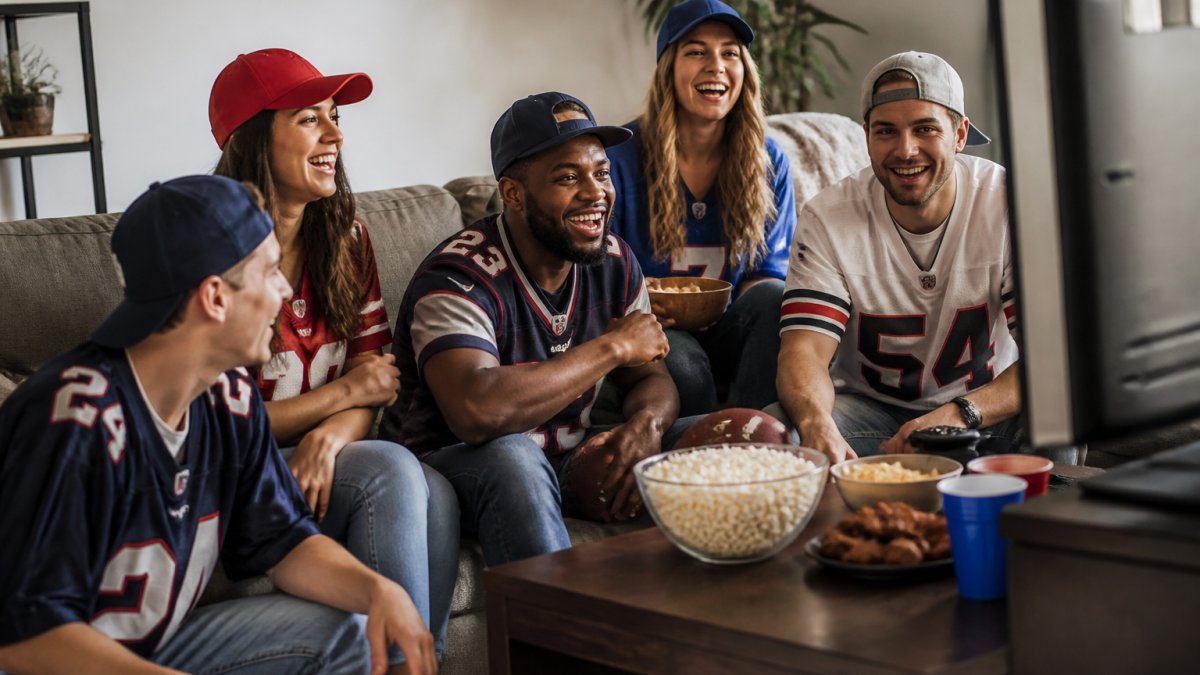 A group of friends in a living room wearing team hats and jerseys, laughing and watching a football game on TV, with snacks on the coffee table