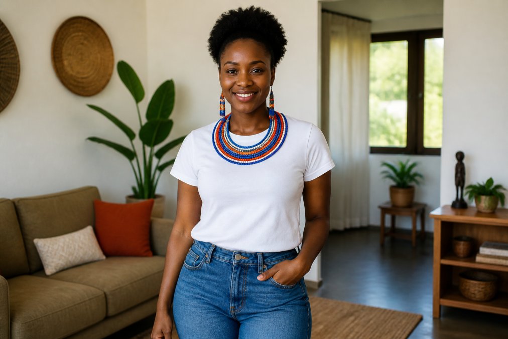 A woman in a plain white t-shirt and blue jeans wearing a colorful Maasai beaded necklace and matching beaded dangle earrings, standing in a bright living room with natural window light, smiling naturally