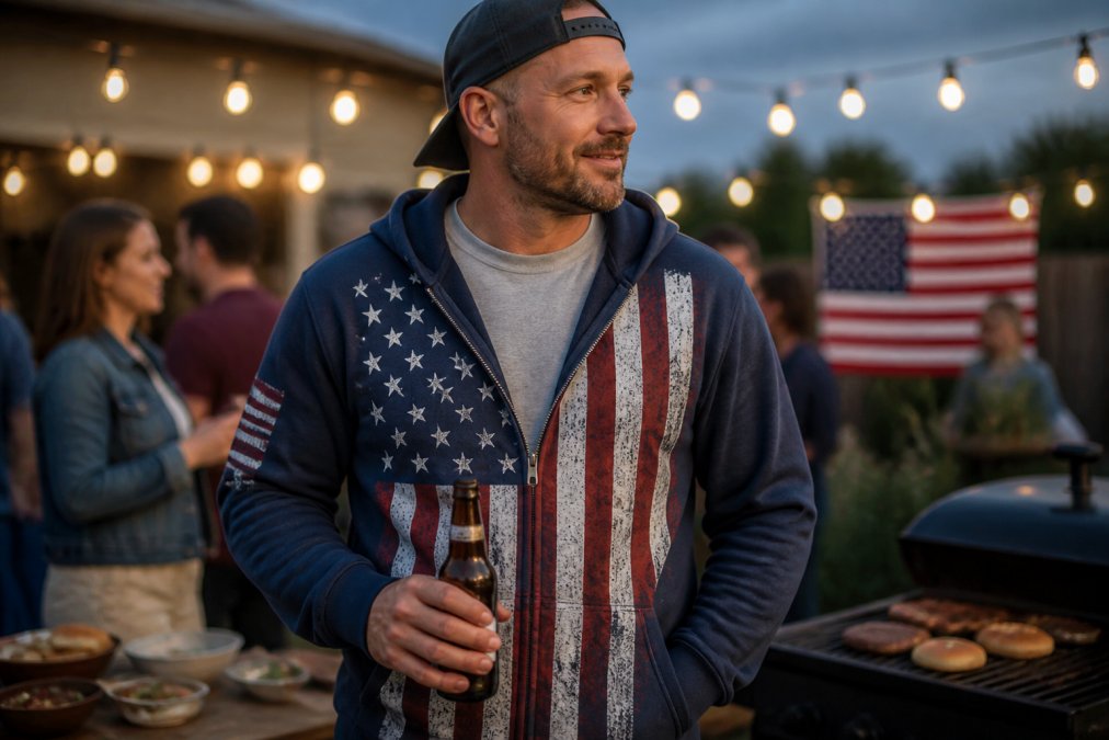 Man wearing a heavy patriotic hoodie over a graphic tee at a summer cookout, perfect for USA themed outfits.