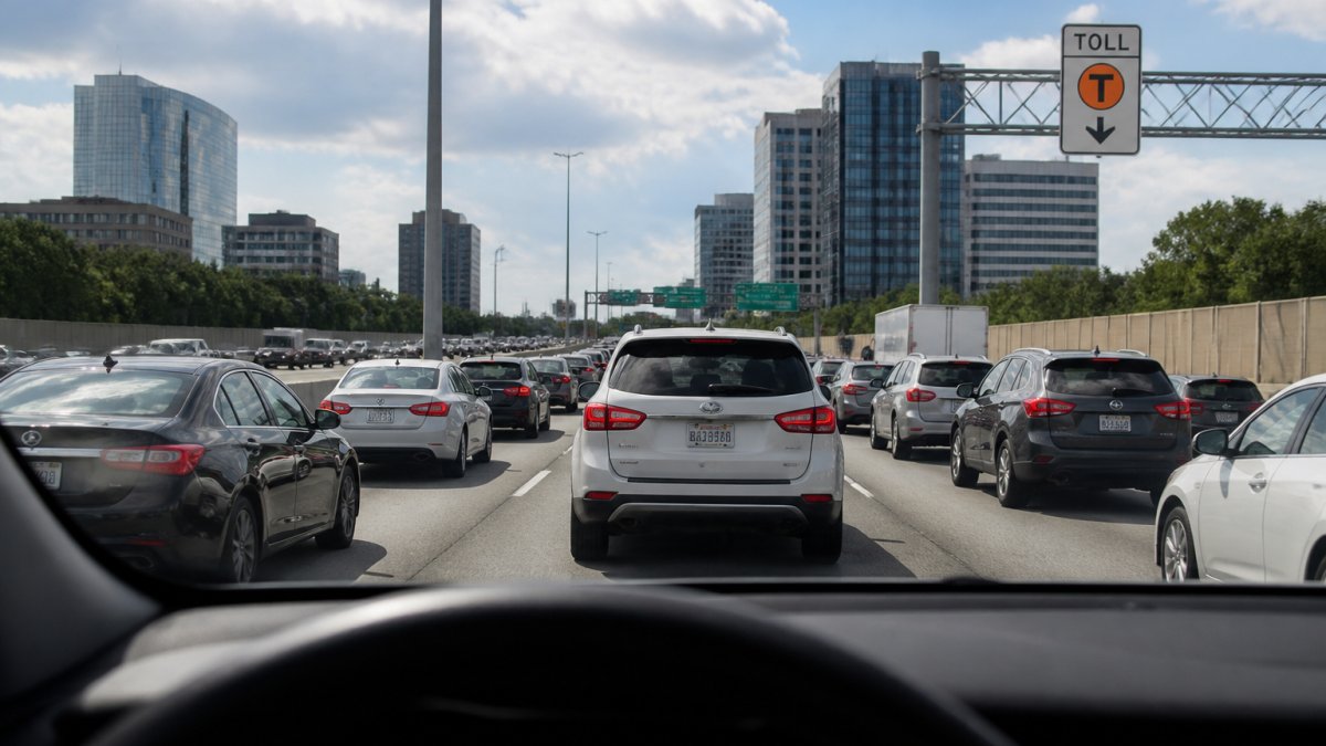 Vehicles navigating heavy morning rush-hour traffic on a multi-lane highway in North Dallas under a bright sky.