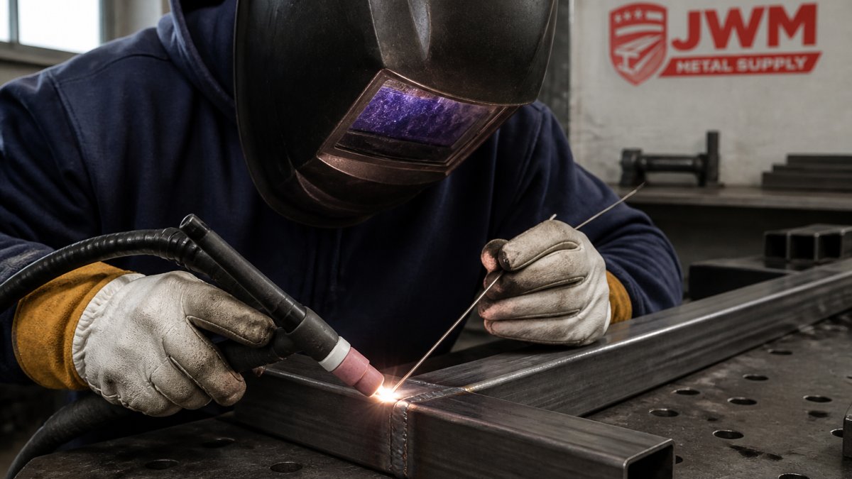 Welder using a TIG torch to perform a cup walking technique on square carbon steel tubing