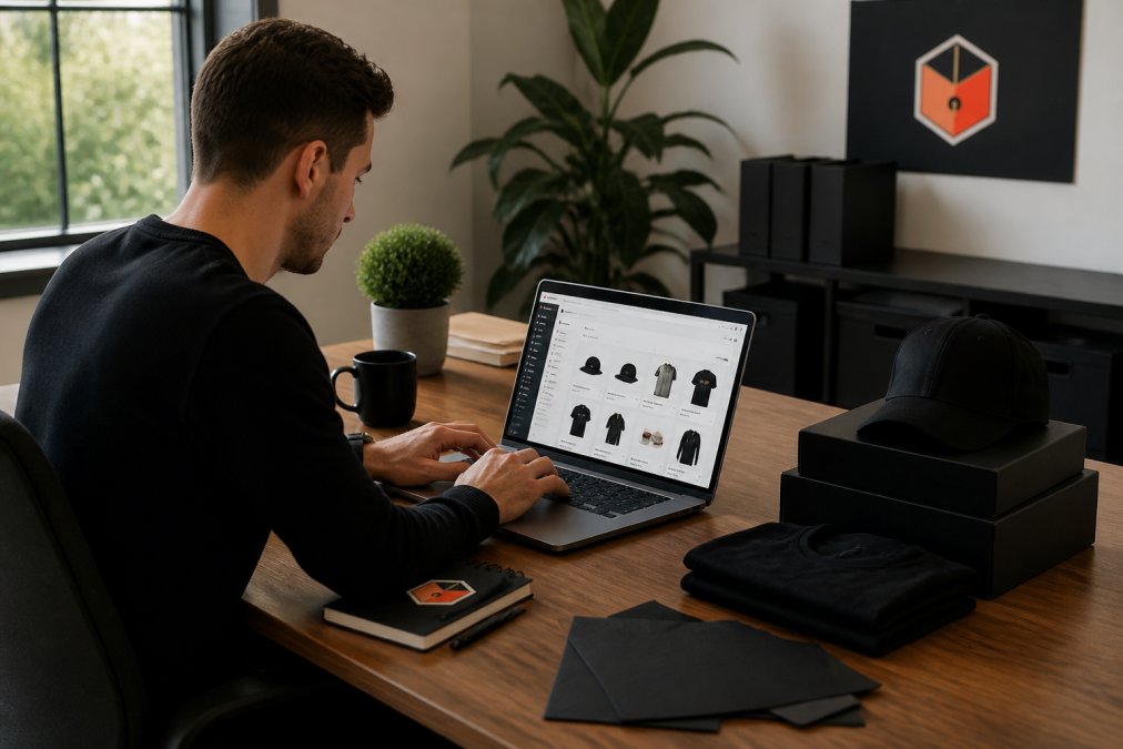 Entrepreneur working on a laptop to sell white label digital products on a Shopify storefront