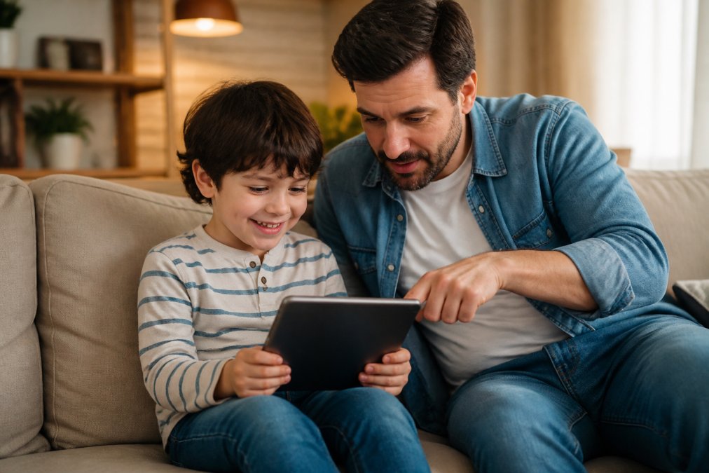 Parent and child smiling while looking at a tablet to whitelist YouTube channels together
