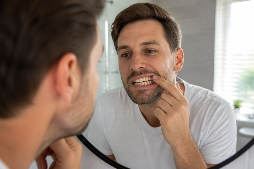 Close-up of a person examining their teeth in a bathroom mirror, showing visible surface stains on front teeth with natural morning light