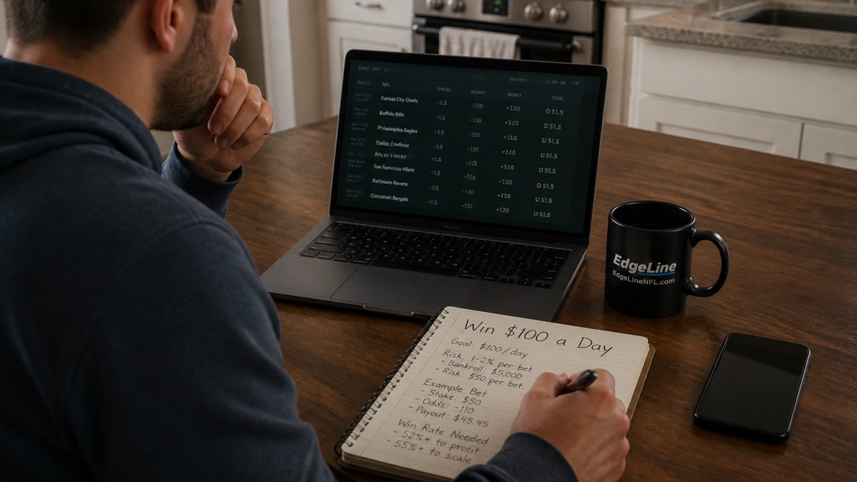 A bettor at a kitchen table with a laptop showing NFL odds, a notebook with handwritten stake and payout calculations, and a coffee mug nearby